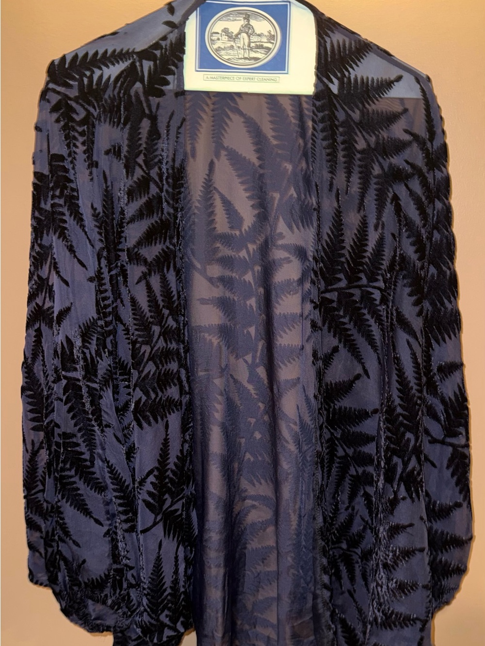 Floreat navy blue sheer cardigan with black fern flocking